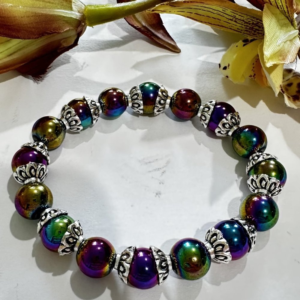 10mm Rainbow Multicolor Hematite Flower Rondelle Beaded Stretch Bracelet
